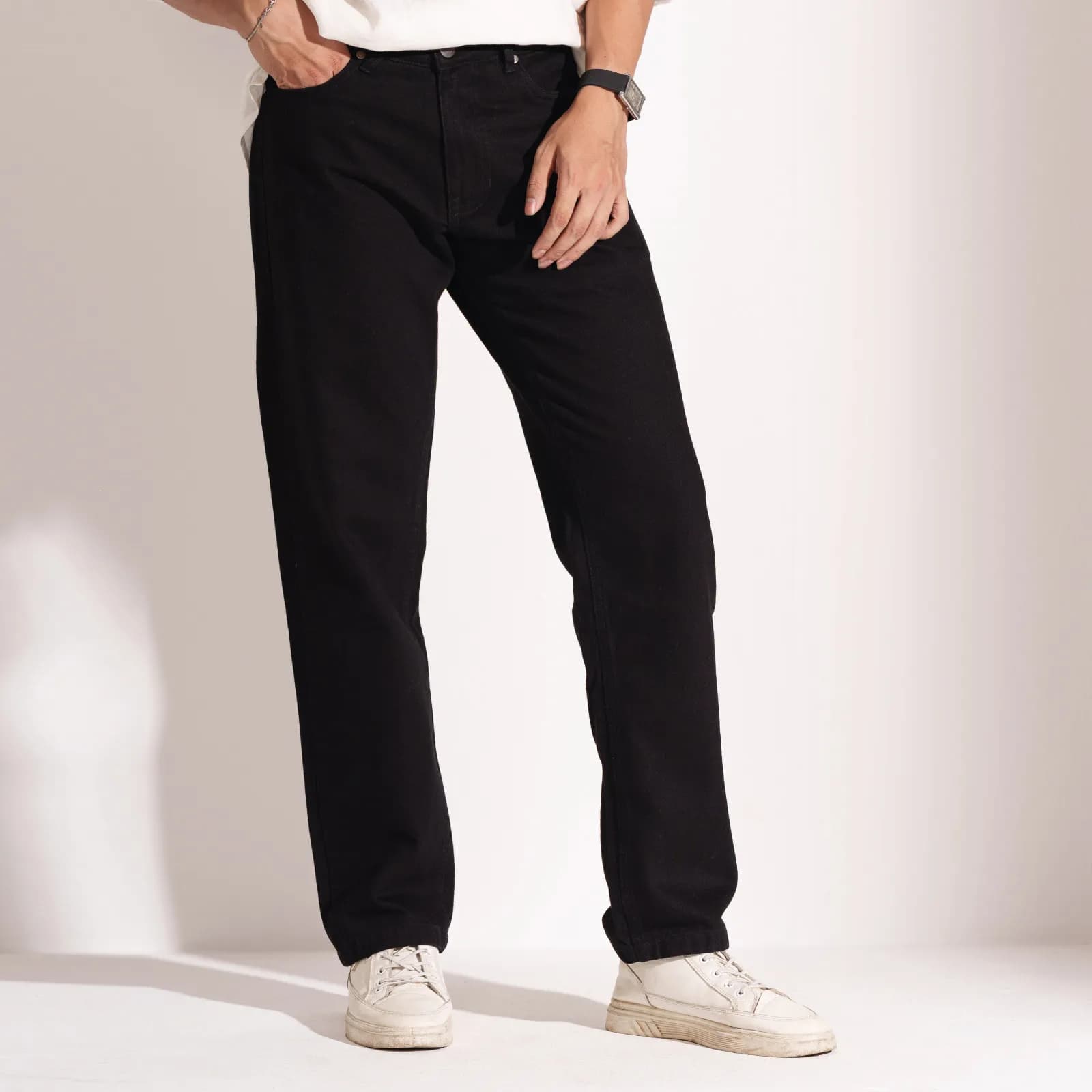 Black Straight Fit Cotton Denim Jeans - 12 oz
