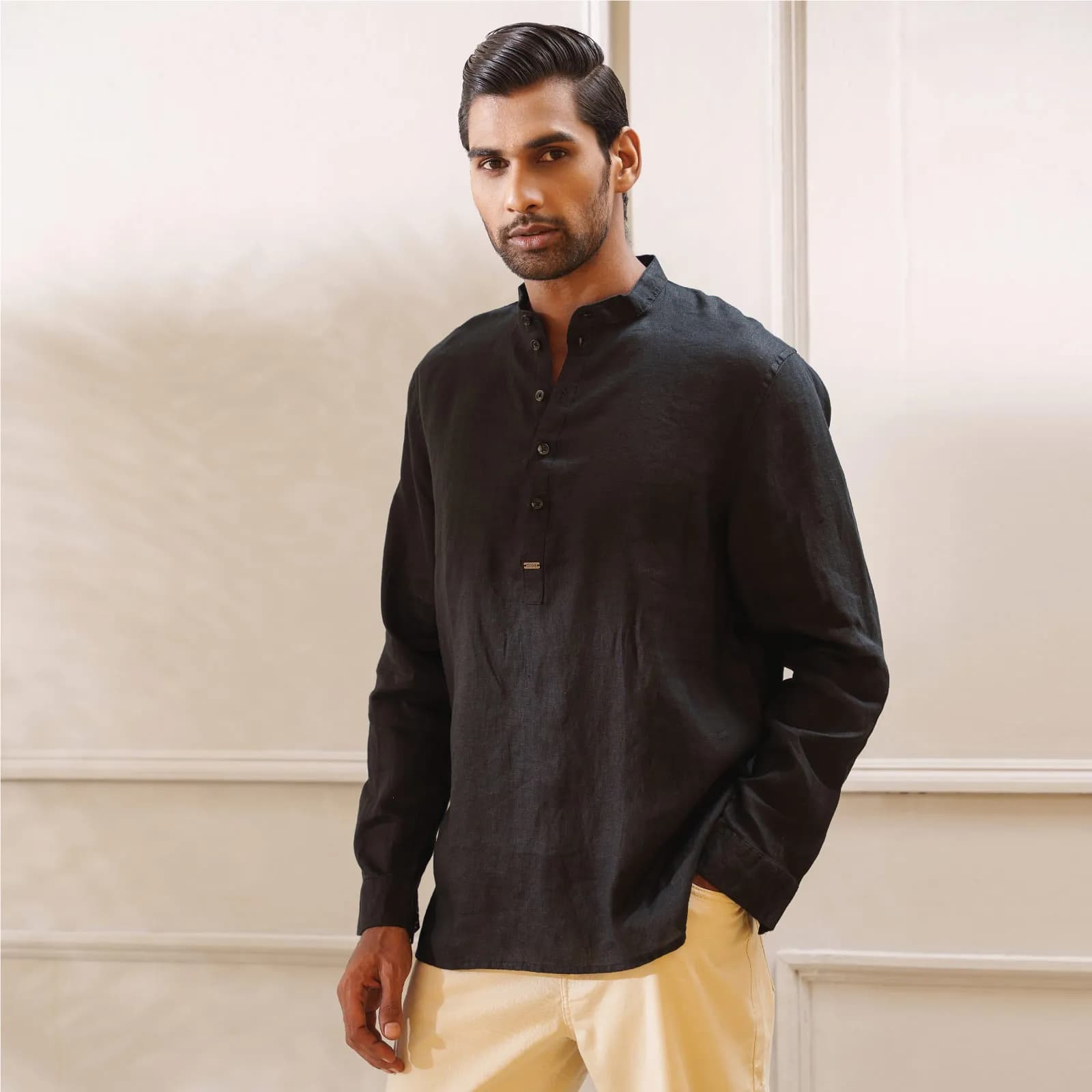 Black Premium Linen Henley Shirt