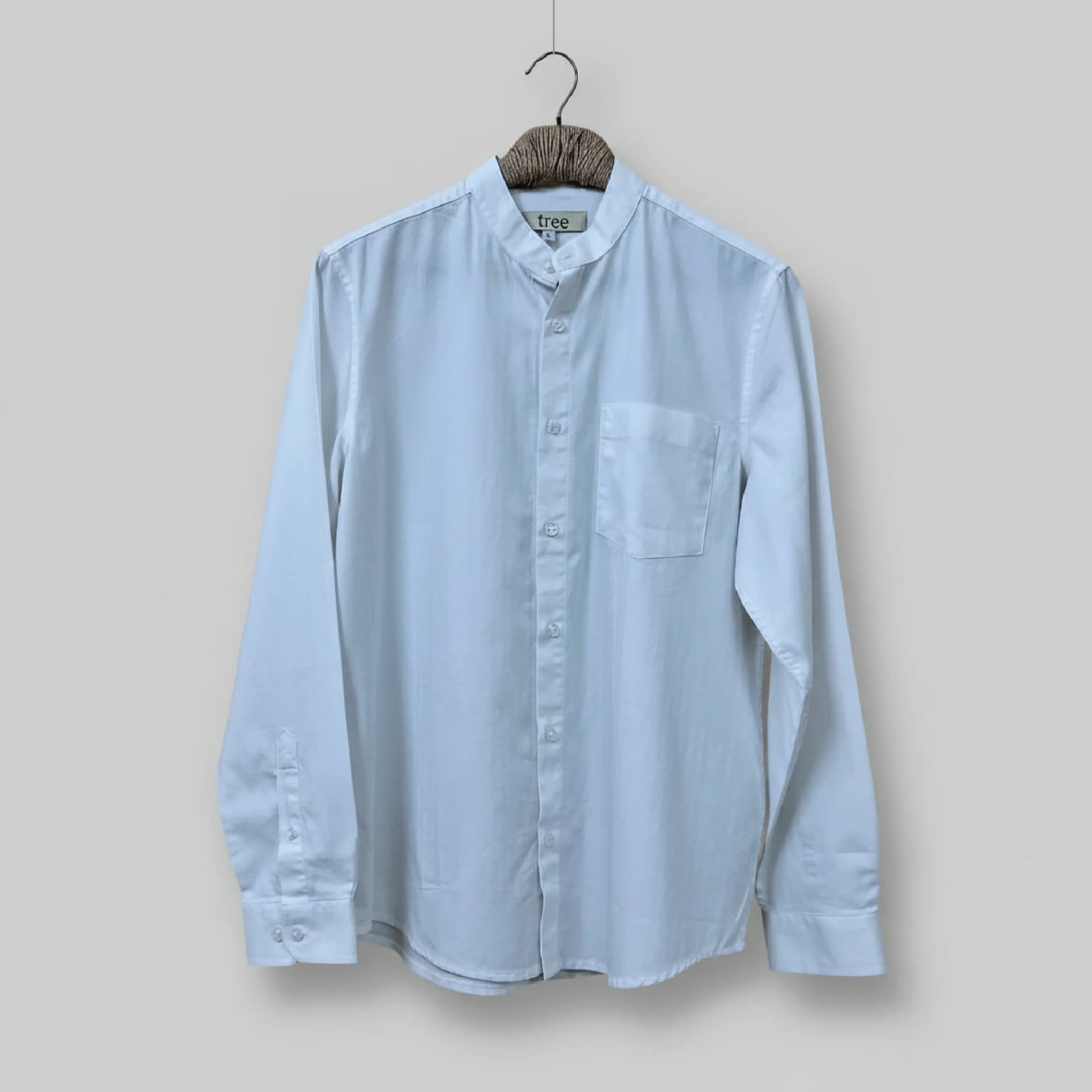 White Herringbone Cotton Mandarin Collar Shirt