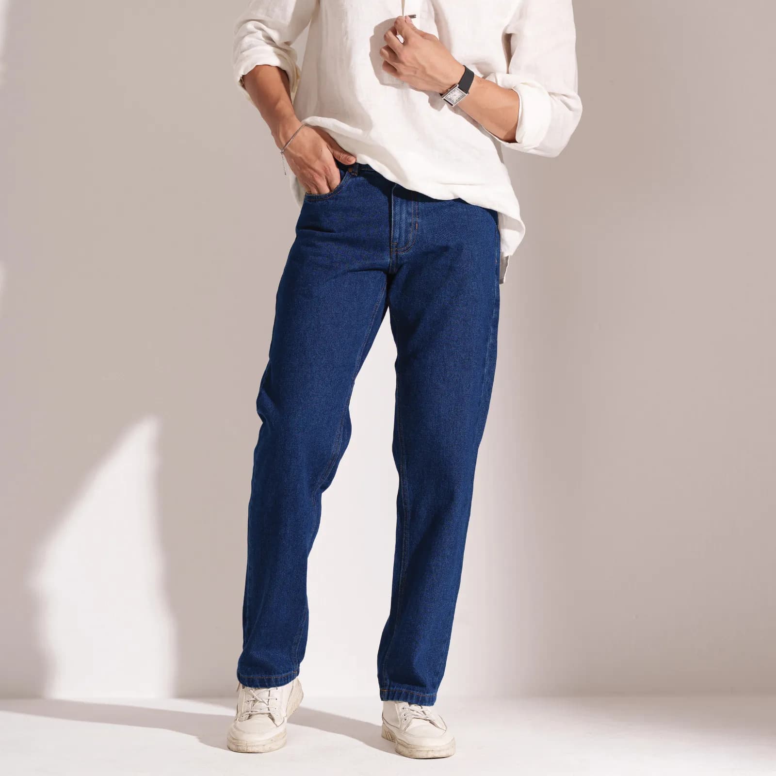 Navy Blue Straight Fit Cotton Denim Jeans - 13 oz