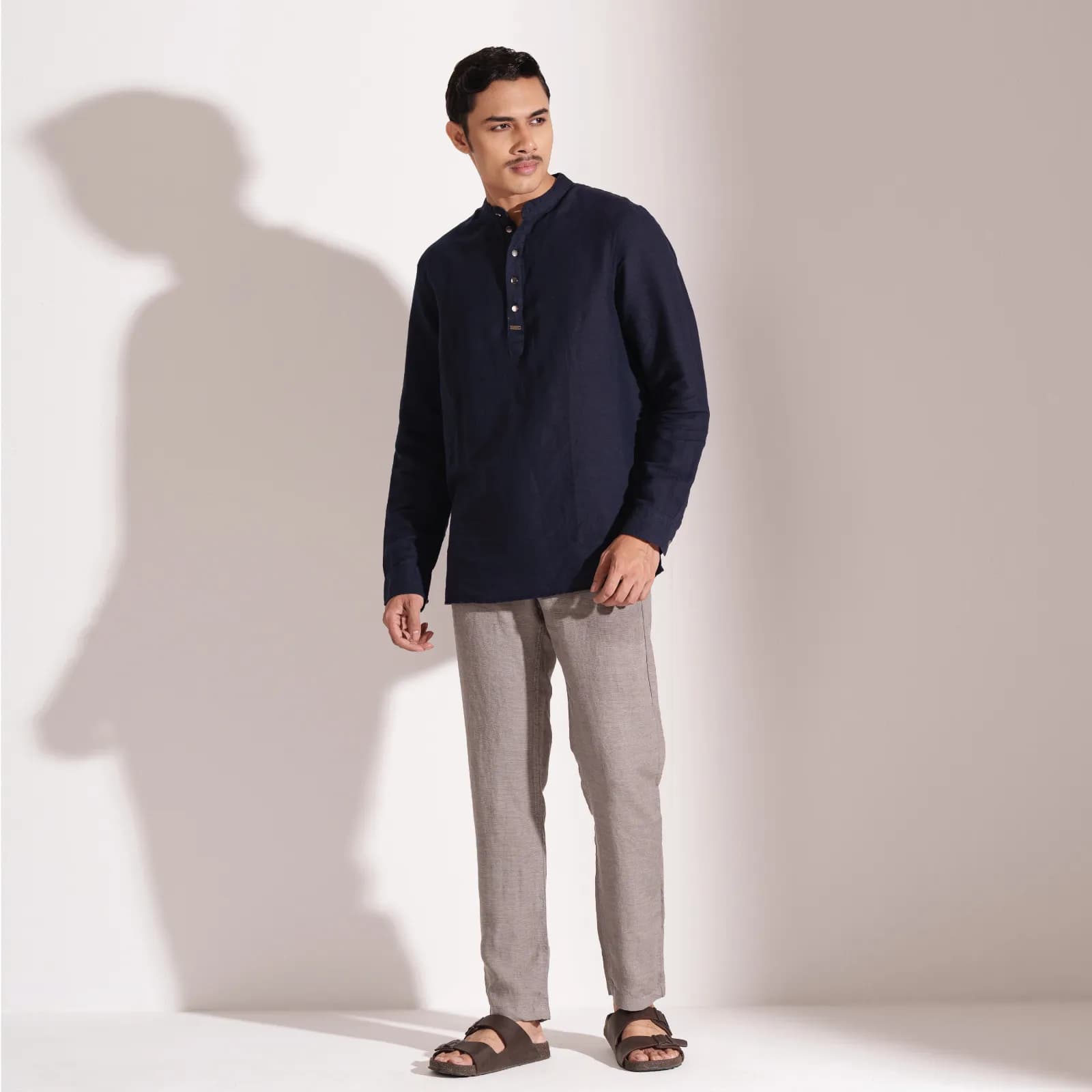 Navy Blue Premium Linen Henley Shirt