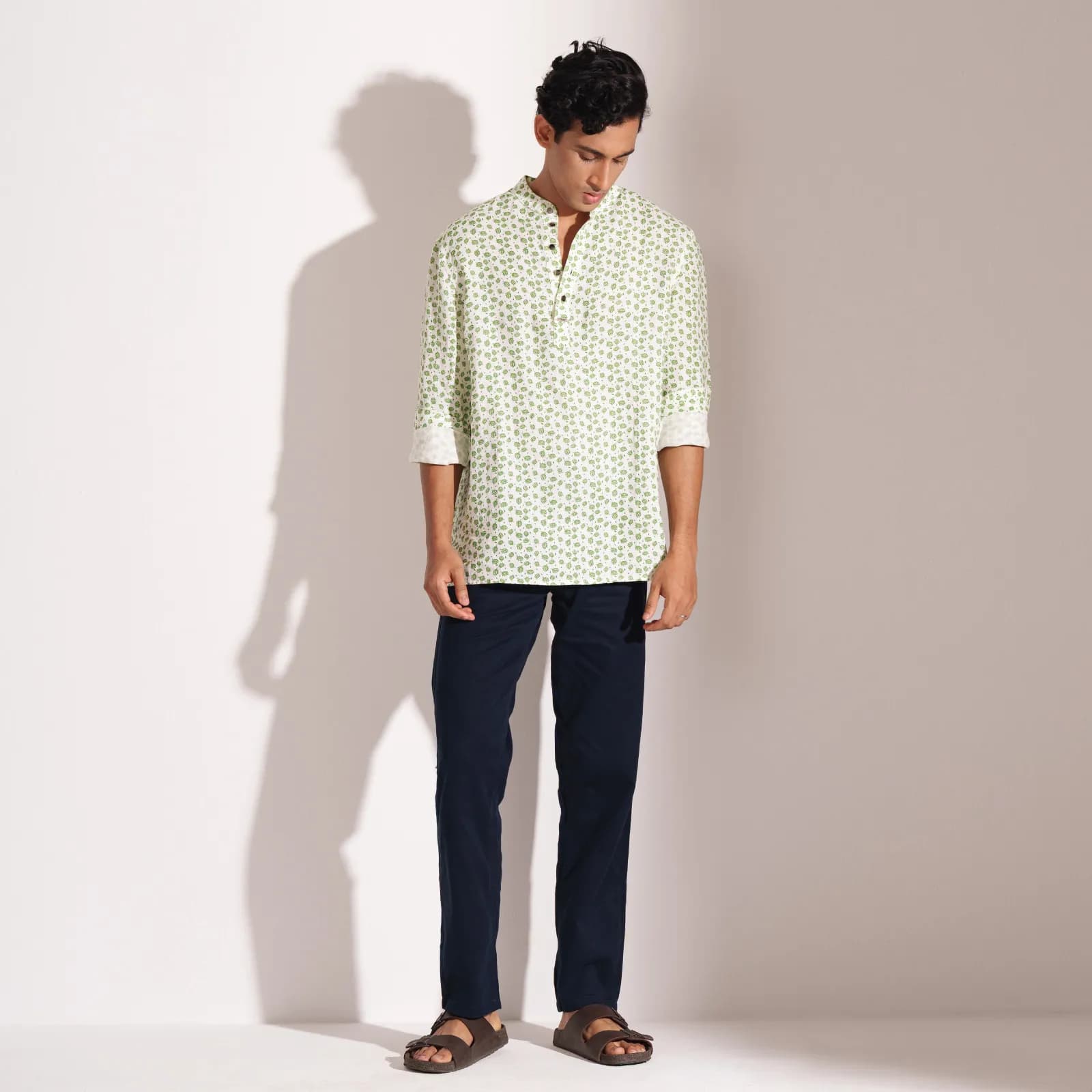 White Printed Premium Linen Henley Shirt