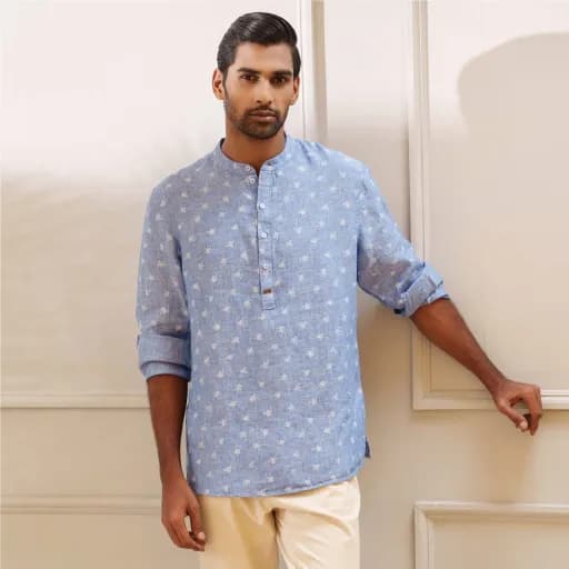 Sky Blue Print Premium Linen Henley Shirt