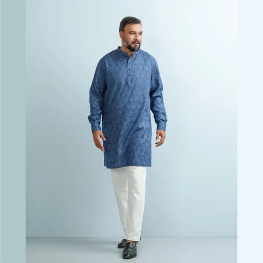Navy Blue Premium Jacquard Printed Linen Panjabi