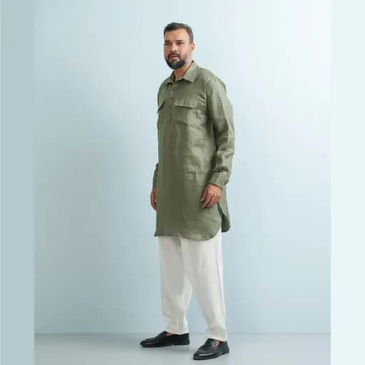 Fresh Olive Premium Herringbone Linen Modern Kabli Panjabi