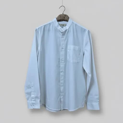 White Herringbone Cotton Mandarin Collar Shirt