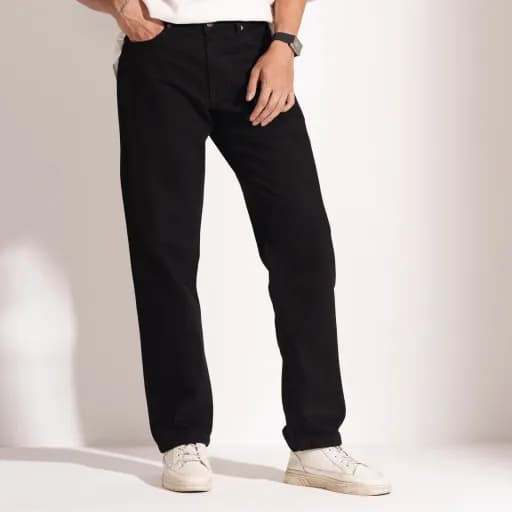 Black Straight Fit Cotton Denim Jeans - 12 oz