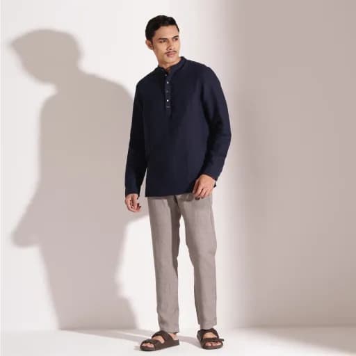 Navy Blue Premium Linen Henley Shirt