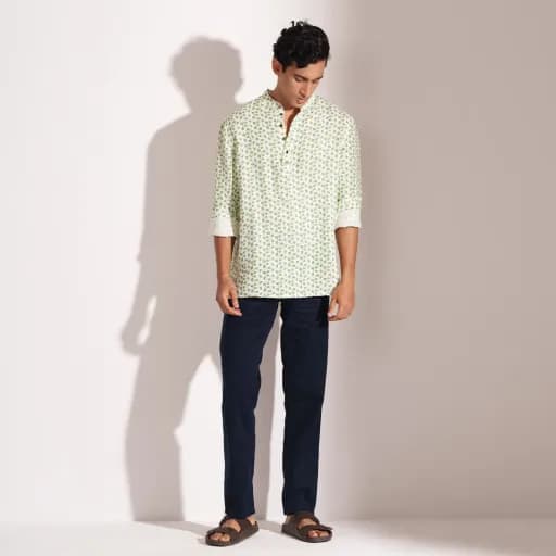 White Printed Premium Linen Henley Shirt